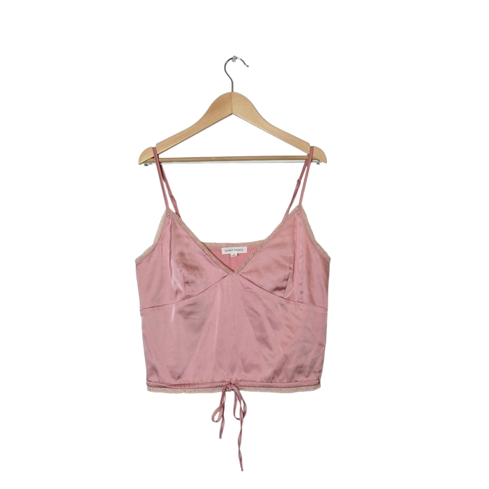 Honey Punch Babydoll Top S Pink Y2K Satin Lace Trim Coquette Girly‎
